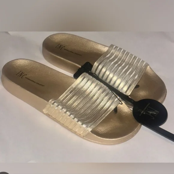 INC International Concepts Metallic Gold Slide Sandals - Picture 2 of 5